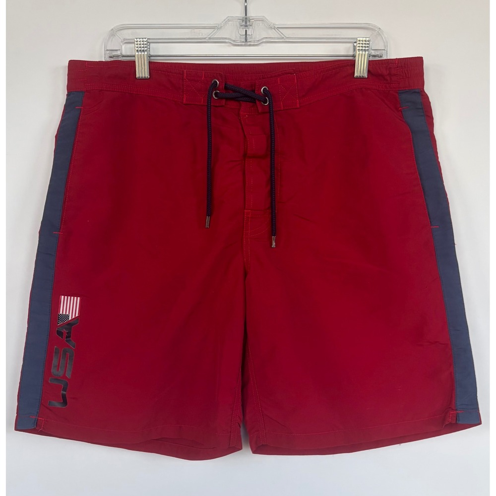 Polo Ralph Lauren Mens Red USA Flag Swim Trunks Board Shorts Navy Stripe Medium‎